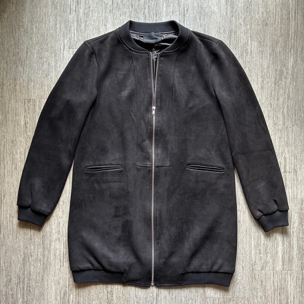 Fate by LFD Black Faux Suede Zip-Up Hoodless Long Bomber Jacket Coat Size Medium